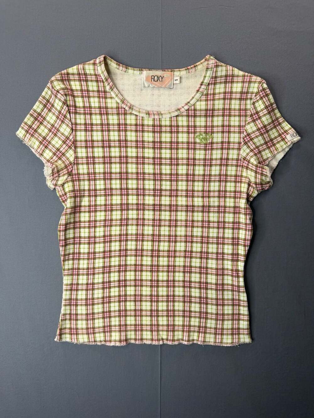 Vintage Roxy Y2K Pink Green Plaid Ribbed Cotton Lettuce Trim Babydoll Tee Size S